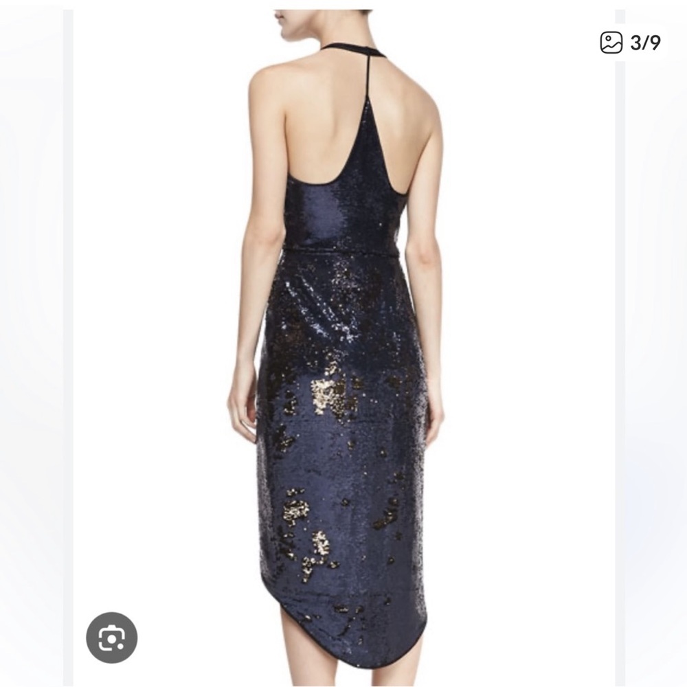 Halston Heritage Navy Blue and Gold Sequin Halter Dress